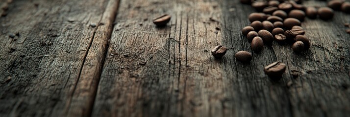 Obraz premium Roasted Coffee Beans Scattered on Rustic Wood Surface for Coffee Break