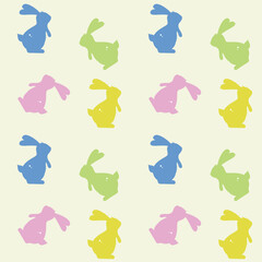 Playful pattern featuring bunnies in yellow, green, pink, and blue, perfect for festive designs