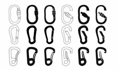 set of carabiner clip vector illustrations in outline, silhouette, and detailed styles. Ideal for climbing, hiking, outdoor gear, adventure, and safety equipment designs.