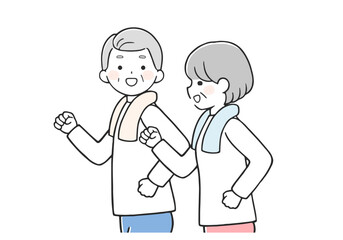 楽しくウォーキングするシニア夫婦 (上半身)