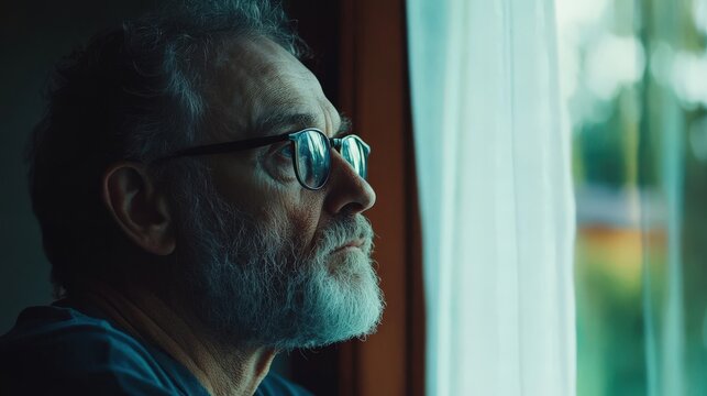 Elderly man gazing thoughtfully out a window