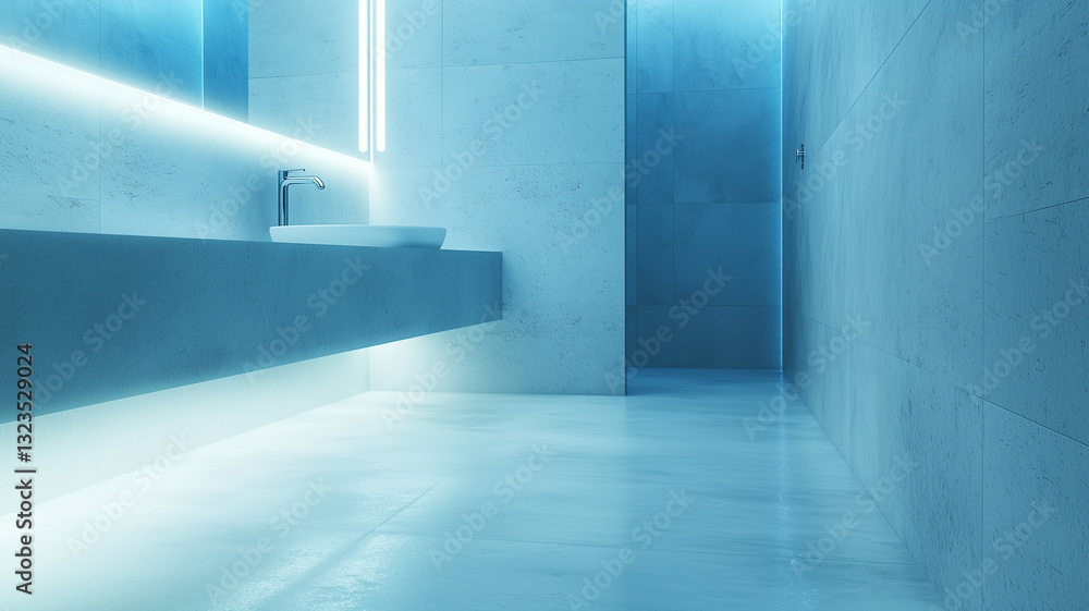Poster modern minimal bathroom with soothing textures and soft lighting features sleek floating vanity and glowing mirror, creating serene atmosphere