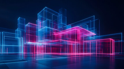 Naklejka premium Abstract neon cityscape digital art pink blue lines modern architecture 3d glow light style urban