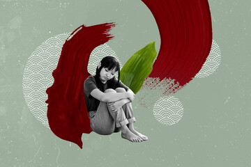 Photo collage template trend artwork composite of young lady sit down depressed green leaves china...
