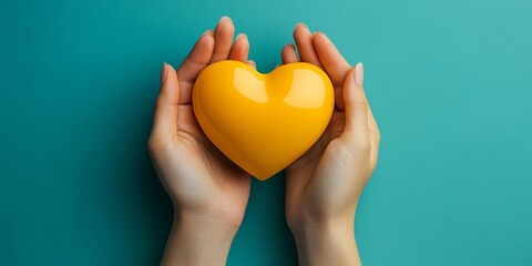 Fototapeta premium A minimalist photograph of a woman’s hands gently cradling a yellow heart, ideal for wellness, love campaigns, or heartfelt messages for holidays like Valentine's Day.