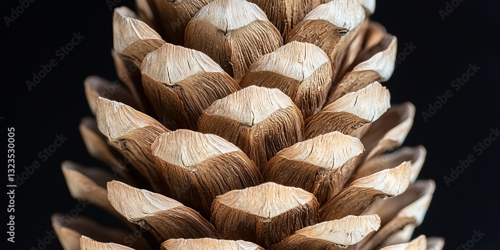 Poster Close up of pine cone showcasing woody texture and intricate pattern against dark background. detailed scales highlight natural beauty and complexity of this seed structure