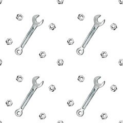 Labor day. Watercolor seamless pattern with tools: gray metal wrench and many nuts. Hand drawn illustration for design wrapping paper, napkins