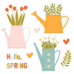 Set with cute garden watering cans with flowers for spring decor © Tetiana Shpak