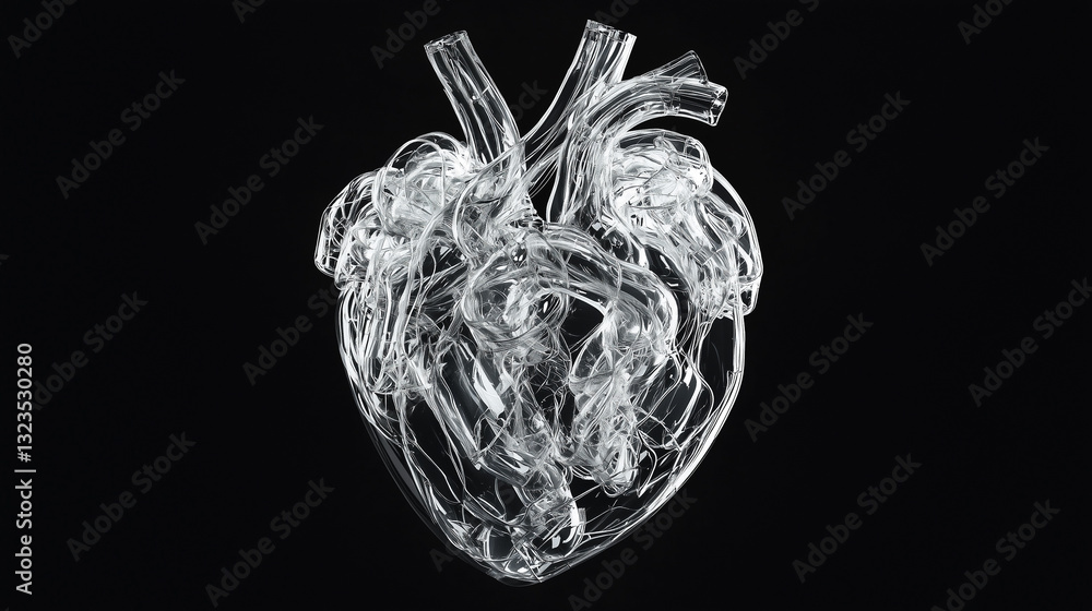 Poster transparent artificial heart model is displayed against dark background, showcasing intricate detail