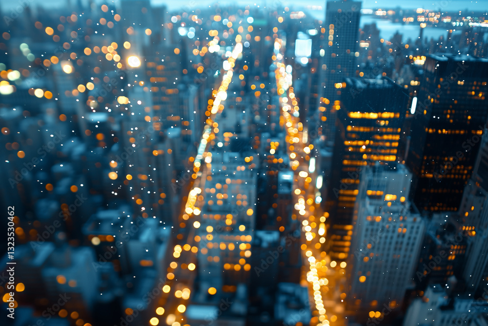 Poster aerial view of vibrant cityscape at night with blurred lights creating bokeh effect, showcasing tall