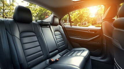 Empty dark cloth seats in a modern sedan, with isolated windows allowing for a bright and spacious feel