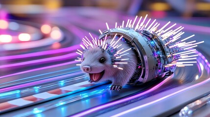 Fototapeta premium Cyber Hedgehog Racing Neon Lights - Cyberpunk Aesthetics