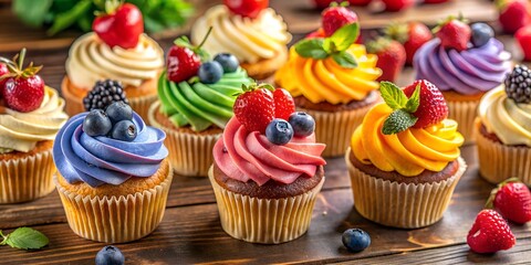Assortment of Colorful Cupcakes with Fresh Berries on Wooden Table