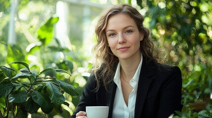 Fototapeta premium woman in business suit enjoys coffee in lush green garden, surrounded by vibrant plants and natural light, creating serene and refreshing atmosphere