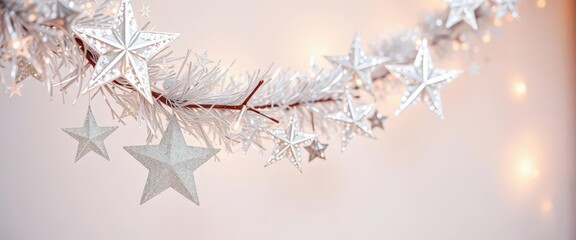 Fototapeta premium Elegant silver star garland, shimmering festive Christmas decoration, reflect, silver star