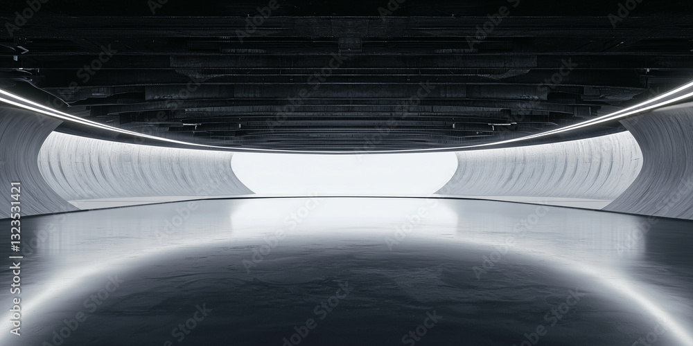 Aufkleber sleek, futuristic urban landscape with minimalist design and curved architecture, featuring reflecti