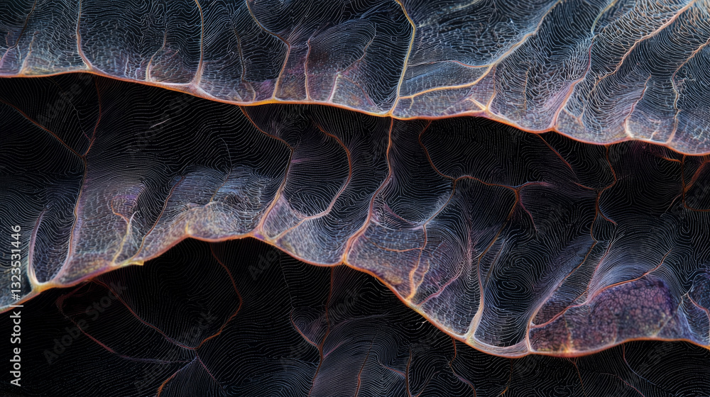 Poster close up macro shot of leaf intricate texture and patterns, showcasing its natural beauty and complexity. image highlights delicate veins and unique surface details