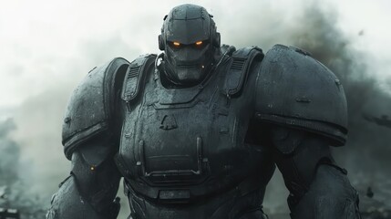 Fototapeta premium A futuristic soldier in heavy, tech-heavy armor, glowing eyes piercing through the smoke, standing resolutely on the battlefield.