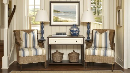Elegant Living Room Interior with Striped Chairs, Decorative Lamps and Coastal Artwork