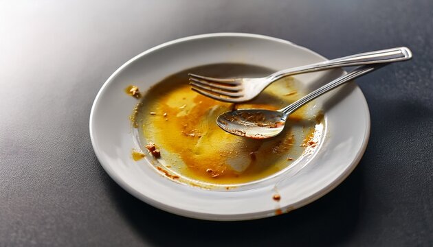 dirty plate spoon fork with curry sauce stains food leftover on the table how to clean dishes after finish eating