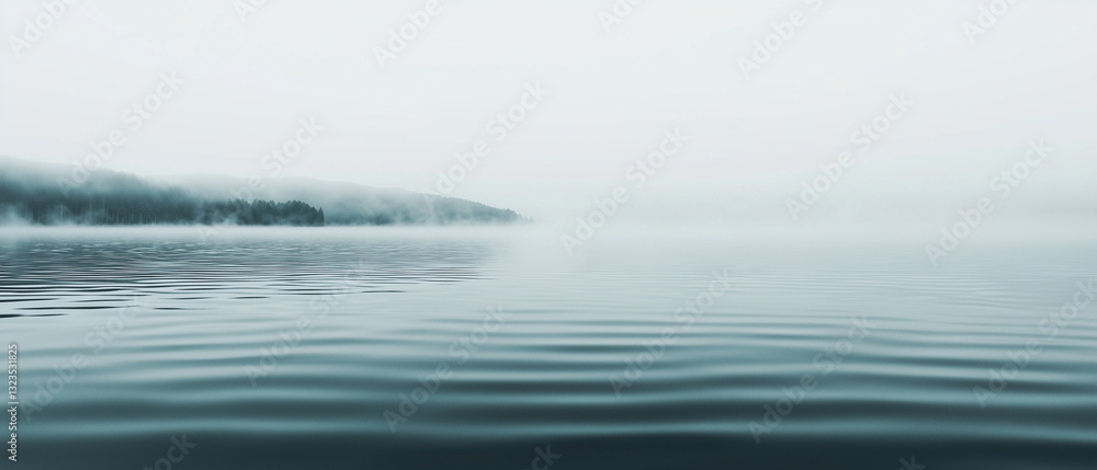 Aufkleber serene water landscape with gentle fog hovering over still lake, creating tranquil and peaceful atmosphere. distant shoreline is barely visible through mist, enhancing calmness of scene