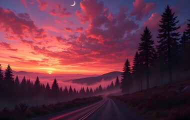Mystical Twilight Road with a Celestial Moon and Fiery Sunset Sky