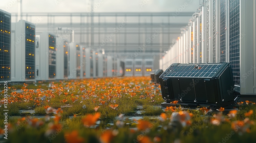 Poster data-driven production of wind turbines and solar panels, ai-operated factories optimizing electrici