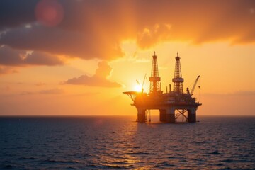 Obraz premium Offshore Oil Rig at Sunset: A Majestic View of Energy Production Amidst Nature's Beauty on the Open Sea