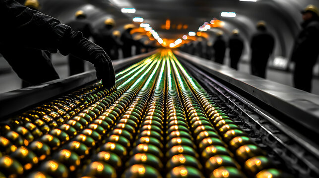 A person touching a conveyor belt filled with metallic spheres