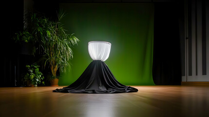 A white lit sculpture displayed upon a draped black cloth