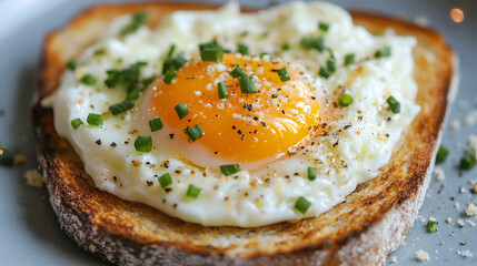 Whipped Egg Whites Served on Toast with a Sunny-Side-Up Egg and Chopped Chives