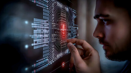 Man interacts with digital data displayed on a screen panel