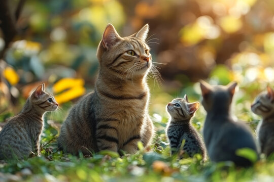 mother cat surrounded by playful kittens in sunny garden