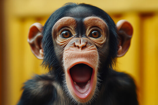 Surprised baby primate with wide open mouth and expressive eyes