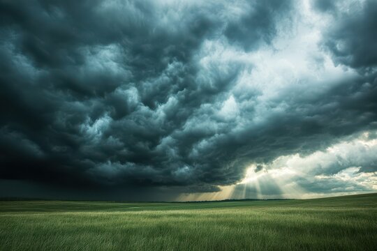 Dramatic storm clouds rolling over an open field
