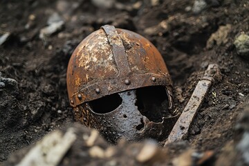 Excavation site revealing a damaged Viking warrior helmet
