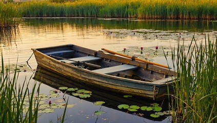 Obraz premium Old wooden boat on a calm lake