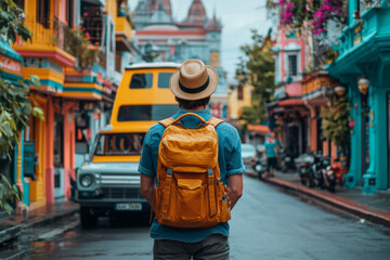 Obraz premium Exploring vibrant street with yellow backpack