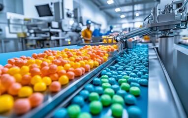 Obraz premium Vibrant Candy Production Line: Colorful Candies Moving on Conveyor Belt in Modern Factory