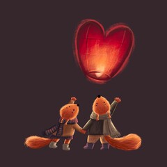 Valentine background with a couple of squirrels launching a sky lanter