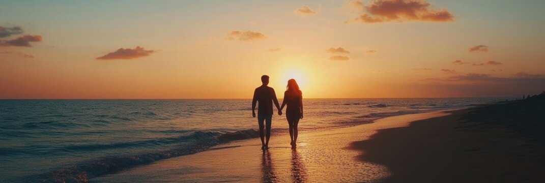 Couple enjoys a romantic walk hand in hand on the beach at sunset with vibrant colors in the sky