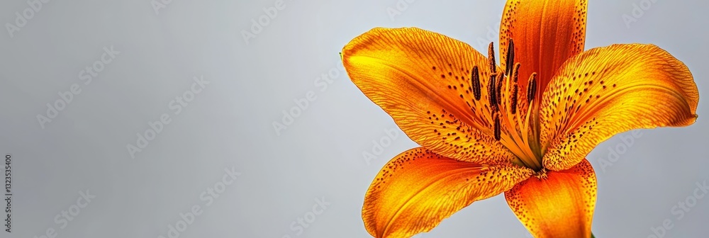 Poster close up of a beautiful single orange lily flower on a soft gray background with space for text