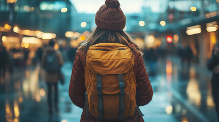 Obraz premium Exploring city with yellow backpack and cozy hat