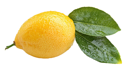 Freshly picked lemon glistening with dew under morning sunlight in a vibrant orchard