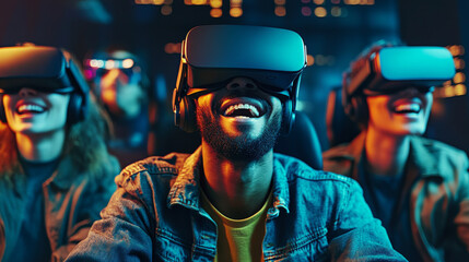 diverse group of friends wearing VR headsets, laughing and enjoying virtual experience