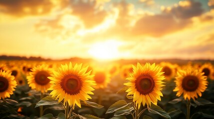 Fototapeta premium Agricultural field with yellow sunflowers against the sky with clouds.Sunflower field.Gold sunset. Sunflower closeup.Agrarian industry. Photo of cultivation land.flowers image