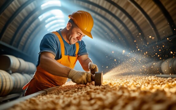 Dedicated Craftsman Working with Wood in a Workshop
