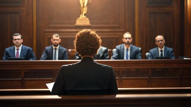 Justice in Courtroom: A poised woman stands before a jury, delivering a compelling argument in a classic courtroom setting, highlighting the gravity and intensity of legal proceedings.