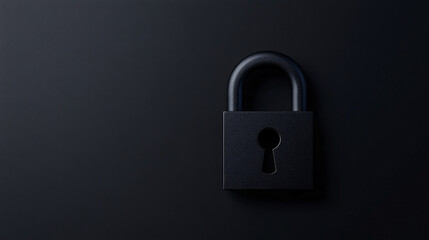 A simple matte black padlock isolated on a dark background symbolizing security privacy and protection in a minimalist style  
