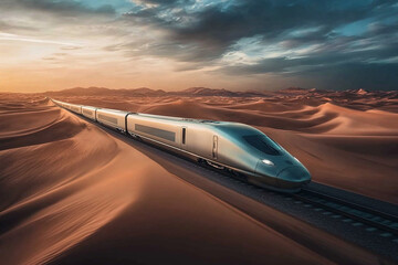 Obraz premium Modern high speed train journey through desert landscape sky sun sand dune rail fast metal steel